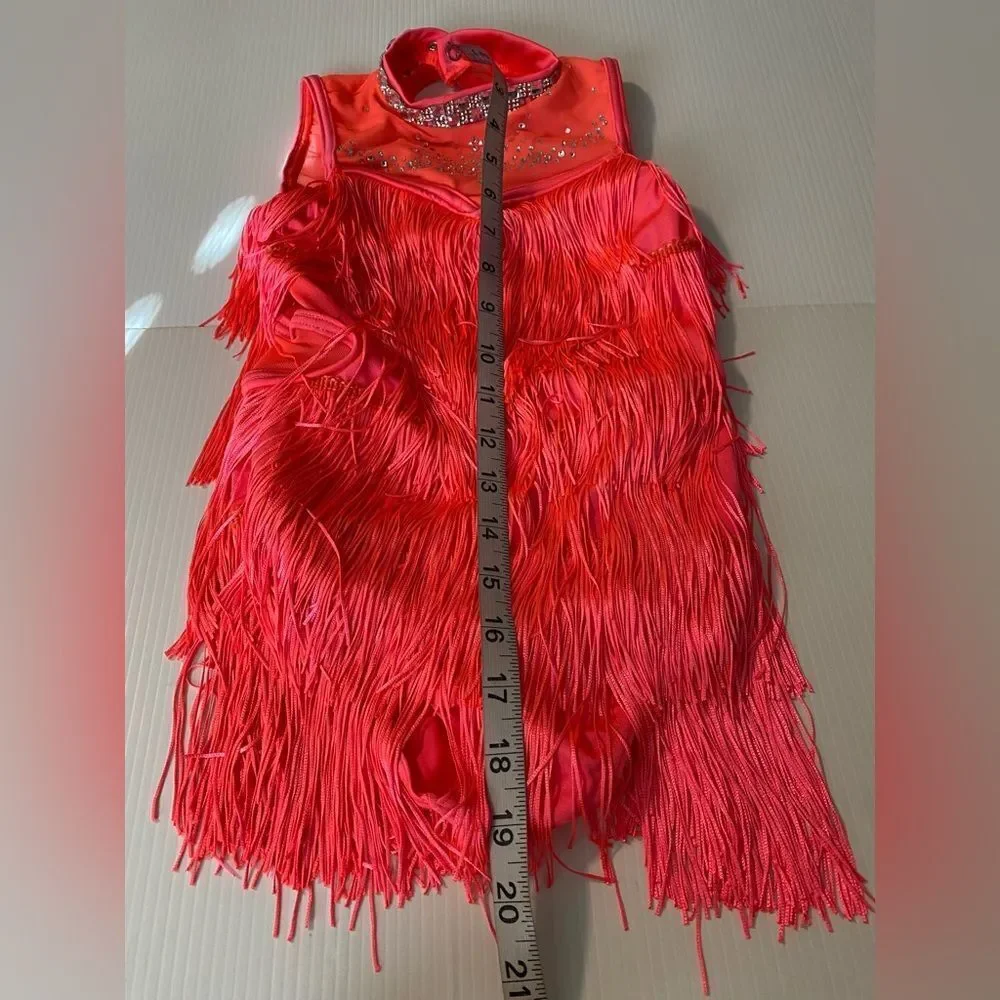 WEISSMAN Dance Costume stoned fringe coral pink Call Me 16736 IC- child 7/8